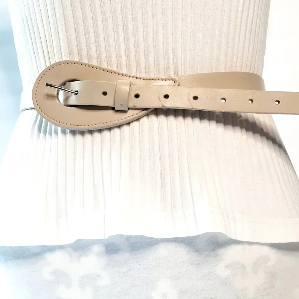 Womens Vintage Skinny Beige Teardrop Buckle Leather Belt Size Medium